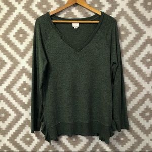 Anthropologie Postmark Green V Neck Ruffle Hem Pullover Sweater Top